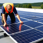 **Image Prompt:** A specialist in renewable energy installing solar panels on a rooftop, showcasing the modern technology and sustainable energy solutions in Poland. Focus on the bright, sunny environment and the professional at work.