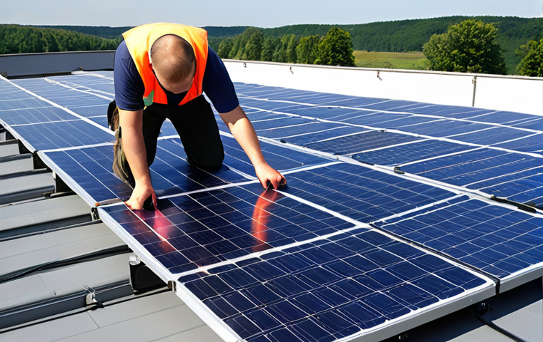 **Image Prompt:** A specialist in renewable energy installing solar panels on a rooftop, showcasing the modern technology and sustainable energy solutions in Poland. Focus on the bright, sunny environment and the professional at work.
