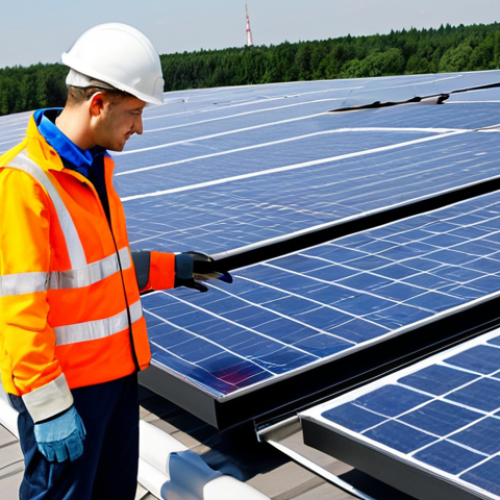 Home 6 Renewable Energy Professional**
"A professional engineer in a fully clothed work uniform inspects a solar panel installation on a modern building rooftop in Poland, appropriate attire, safe for work, showcasing renewable energy technology, perfect anatomy, correct proportions, natural pose, clear focus, professional photography, high quality, family-friendly"
**